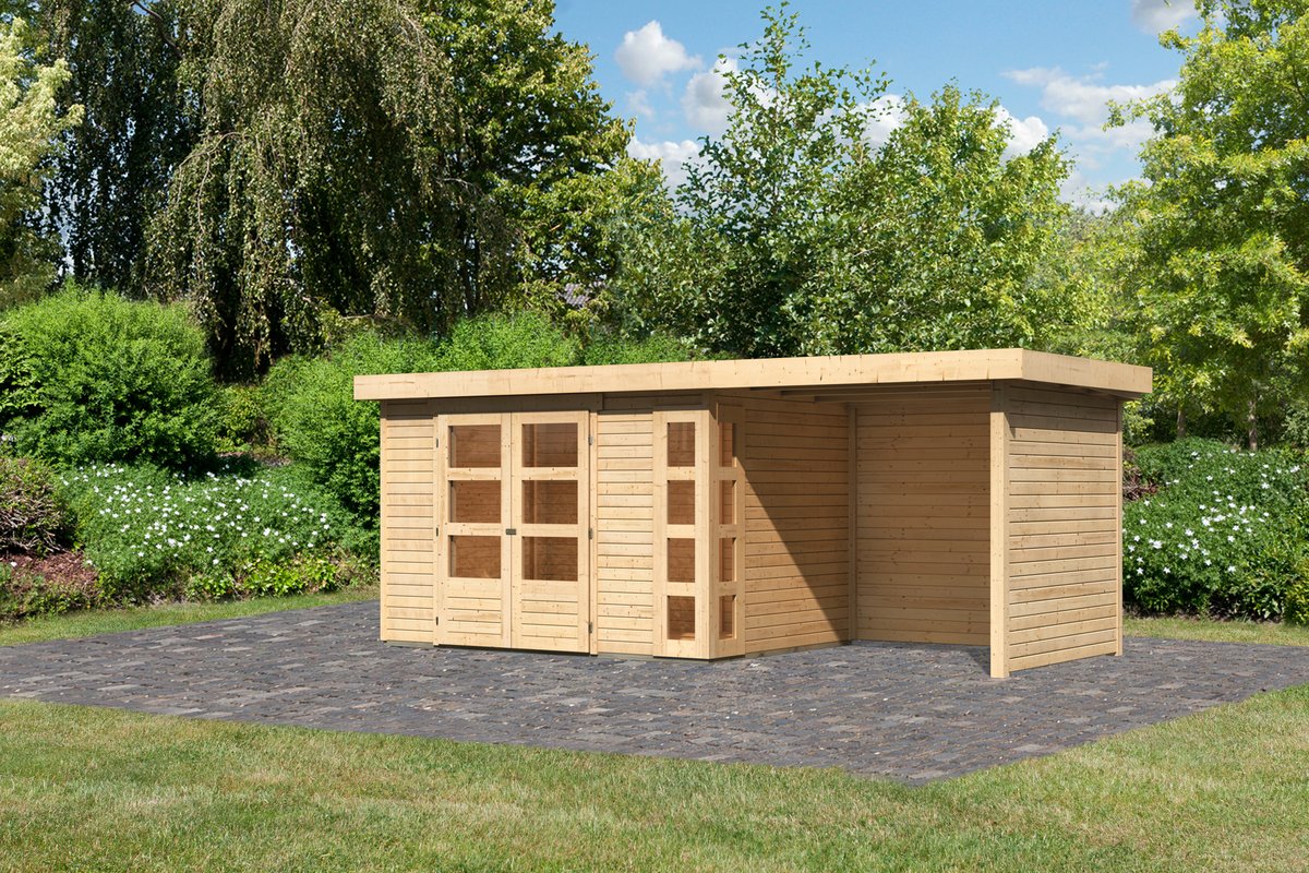 Gartenhaus Kerko 4 - 298 x 213 cm plus Anbaudach 2,40m mit Wänden, 19 mm Holz naturbelassen