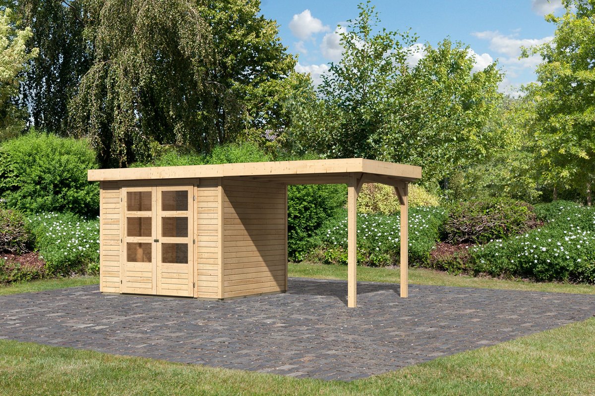 Gartenhaus Askola 3 - 242x217 cm, 19 mm Holz naturbelassen mit Anbaudach 2,40m, Karibu