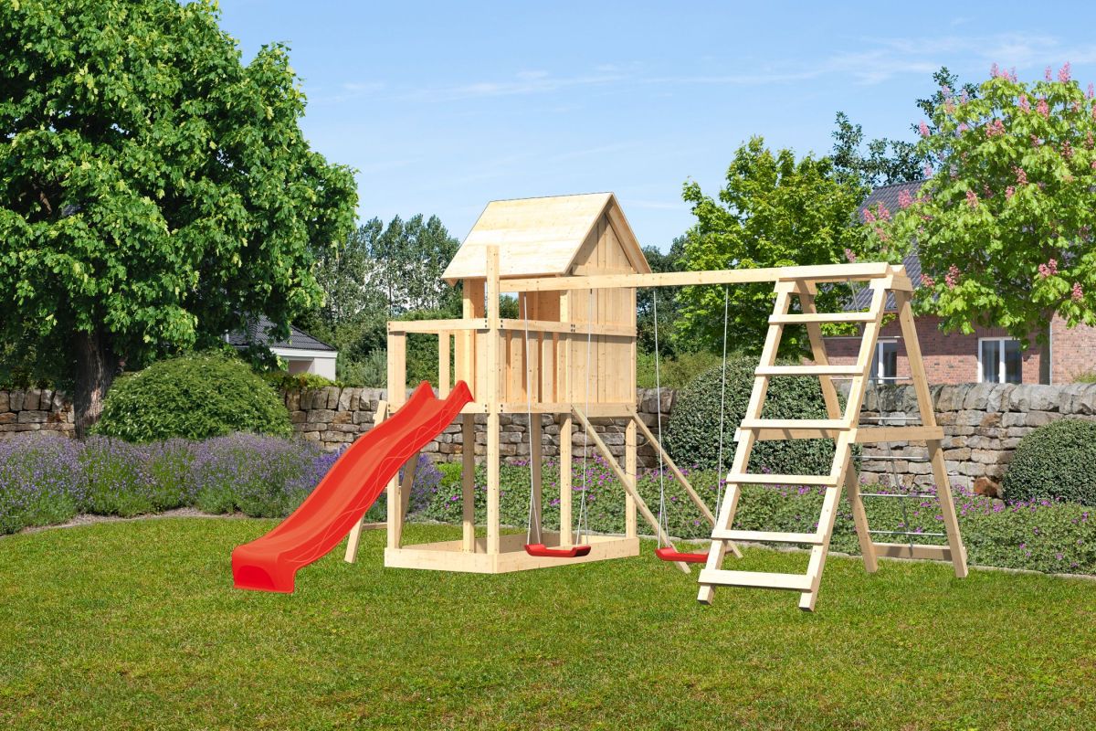 Stelzenhaus Frieda naturbelassen, Set mit Kletterschaukel, Netzrampe und Rutsche rot