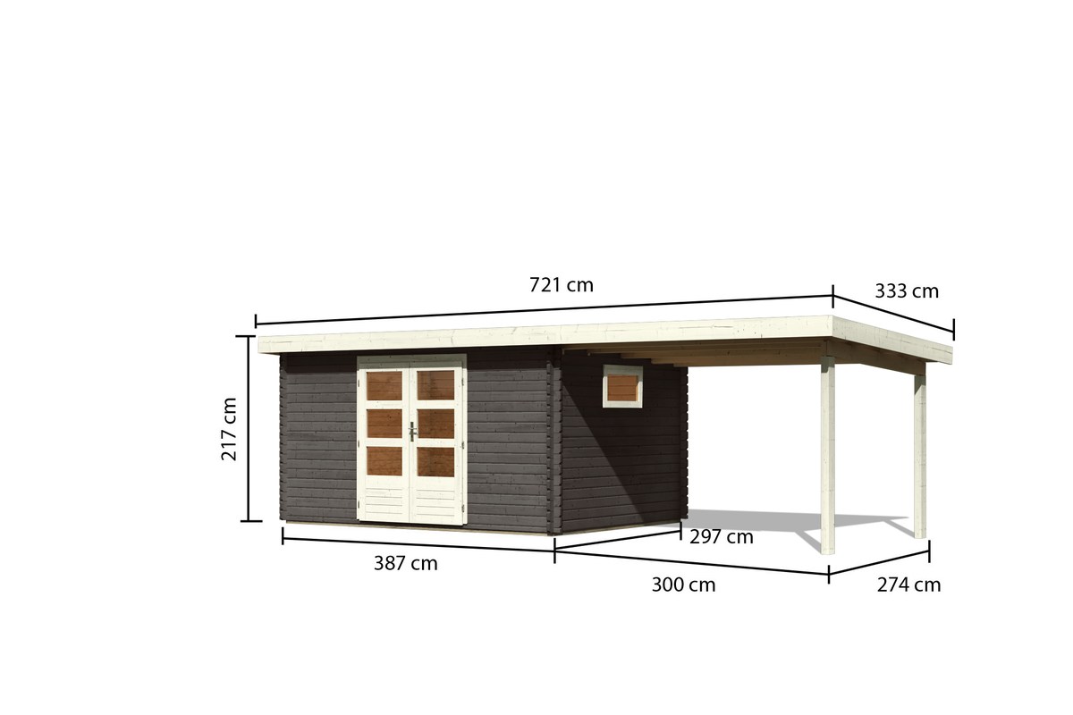 Blockbohlenhaus Trittau 5 - 669x297 cm mit Anbaudach 3,30 m, 38 mm Holz terragrau, Karibu