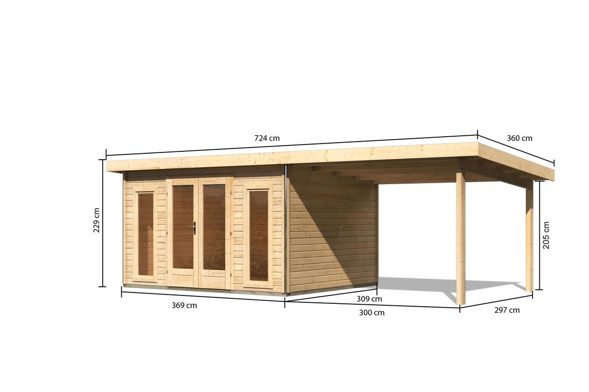 Gartenhaus Radeburg 2 - 369x309 cm plus Anbaudach 3,30m, 40 mm Holz naturbelassen, Karibu