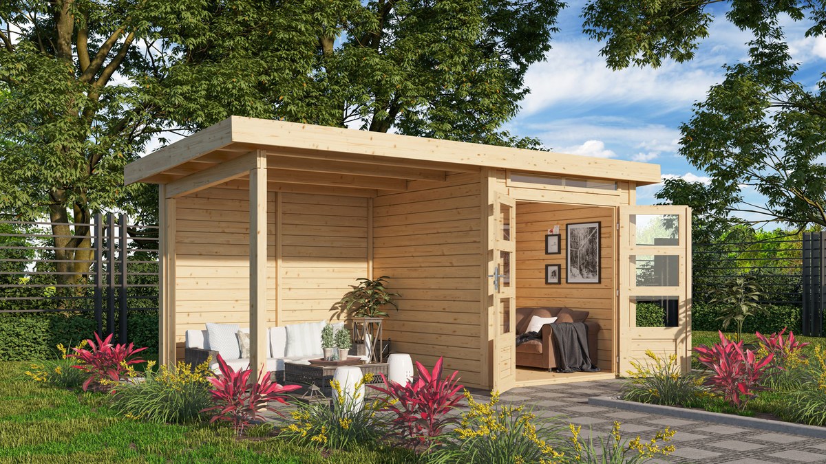 Gartenhaus Kandern 1  - 204x204 cm mit Anbaudach 2,35 m und Rückwand, 28 mm naturbelassen, Karibu