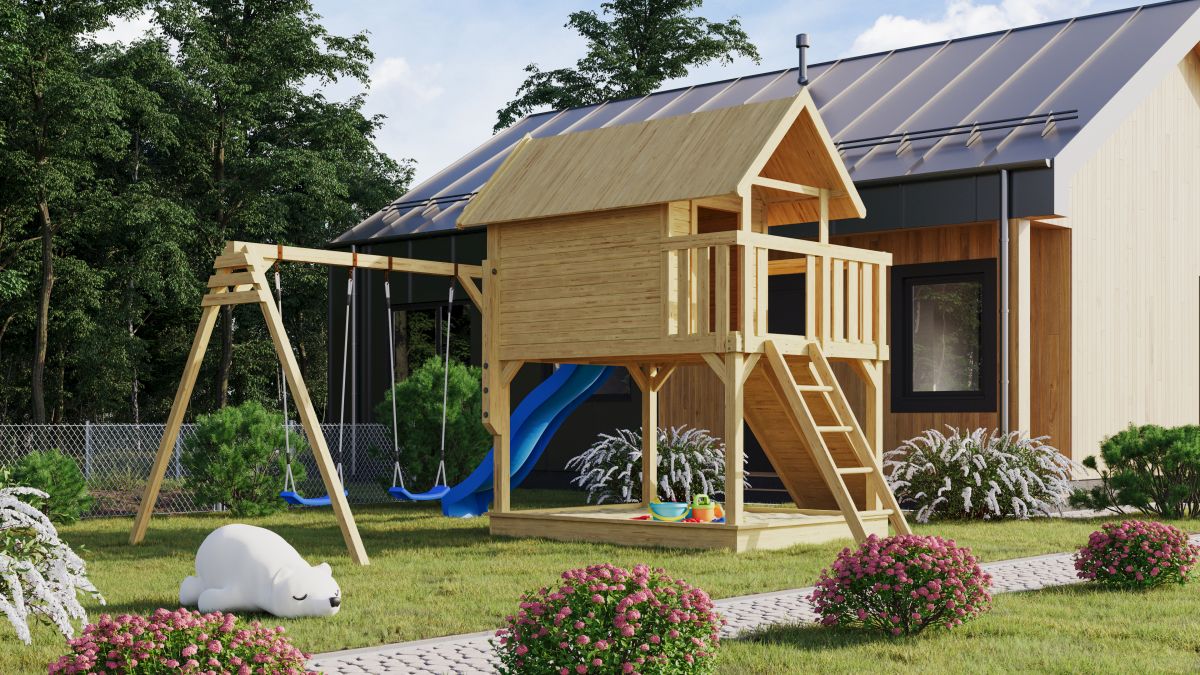 Stelzenhaus FIDEL naturbelassen mit Doppelschaukel und Rutsche blau