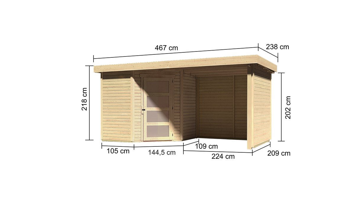 Gartenhaus Schwandorf 3, 213x217 cm plus Anbaudach 2,40m mit Wänden, 19 mm Holz naturbelassen