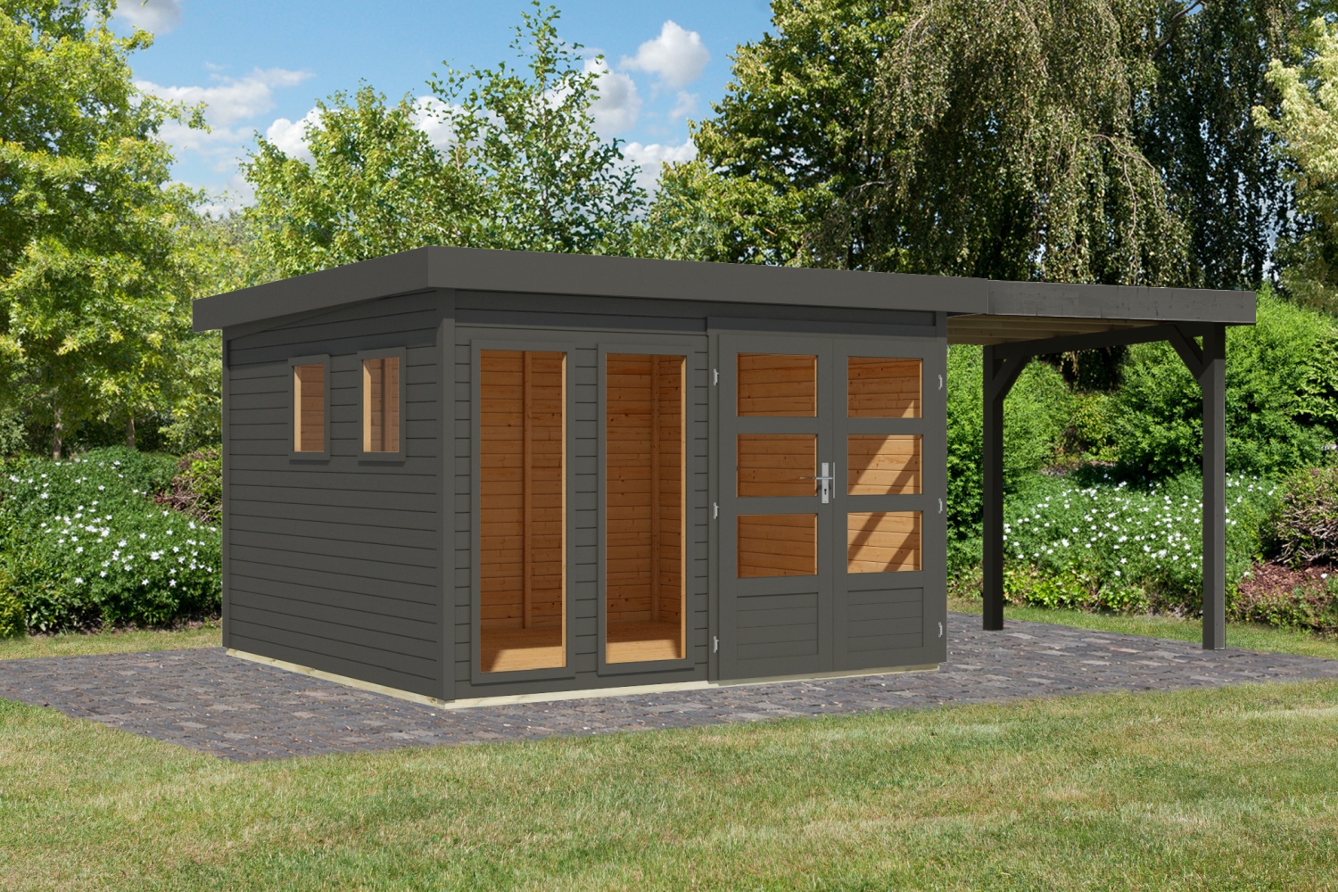 Gartenhaus Lahar 6 - 302x306 cm plus 2,40 m Anbaudach, 19 mm Holz terragrau, Karibu