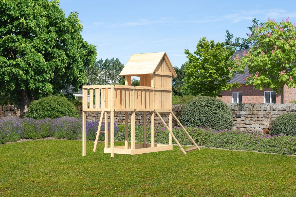 Stelzenhaus Frieda naturbelassen, Set mit Anbauplattform und Netzrampe, Karibu