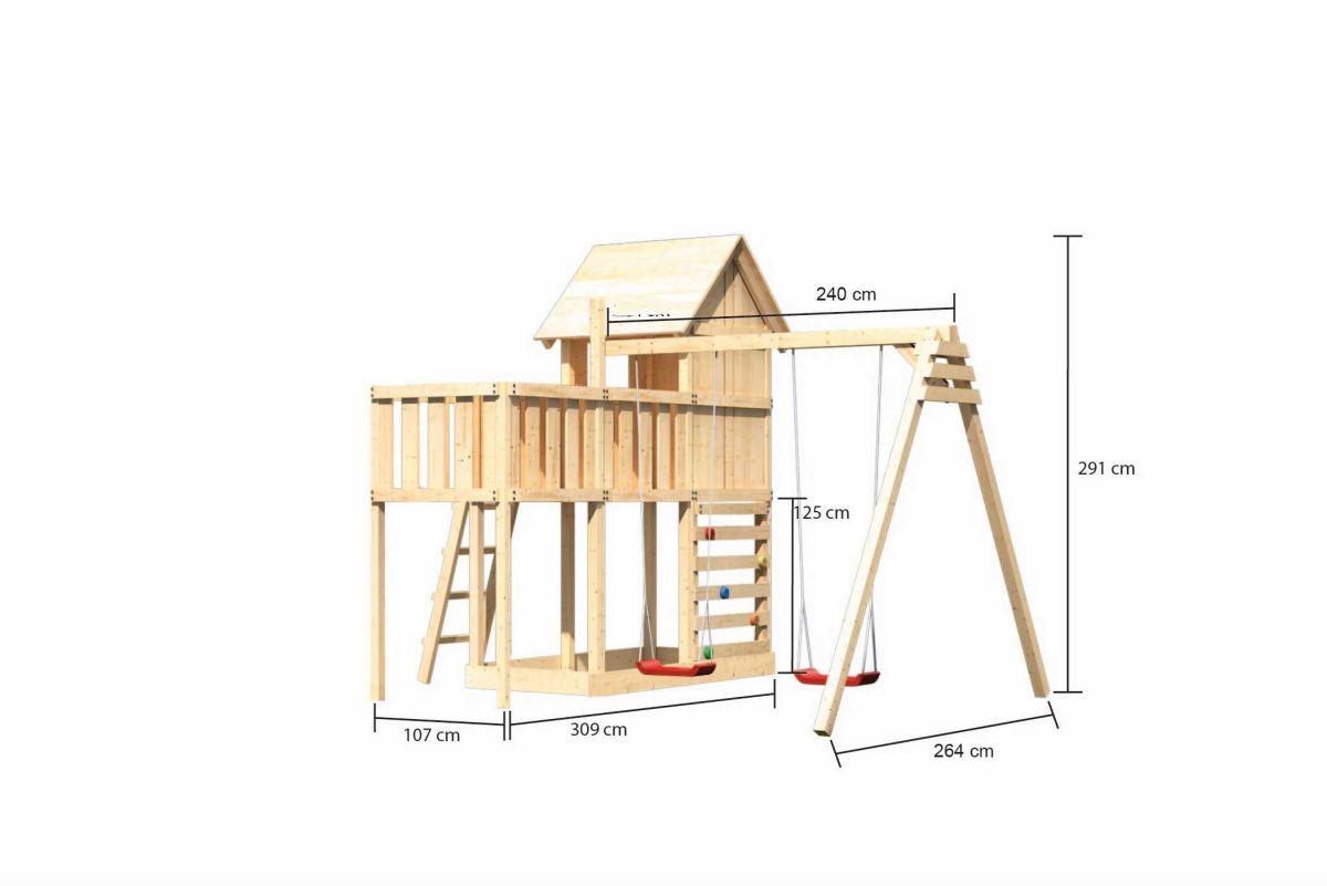 Stelzenhaus Frieda naturbelassen, Set mit Plattform, Doppelschaukel und Kletterwand