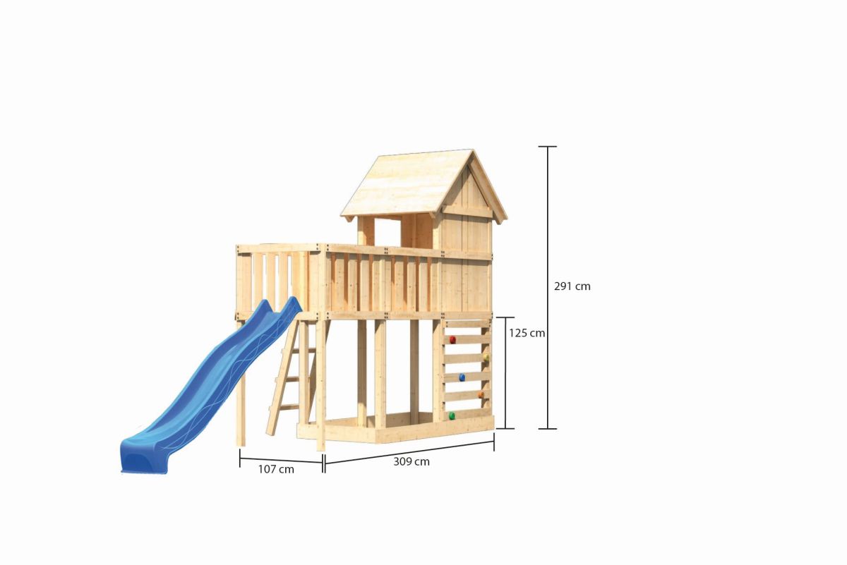 Stelzenhaus Frieda naturbelassen, Set mit Plattform, Kletterwand und Rutsche blau