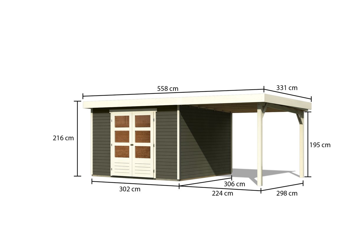 Gartenhaus Askola 6 -302x306 cm mit Anbaudach 2.40m, 19 mm Holz terragrau, Karibu