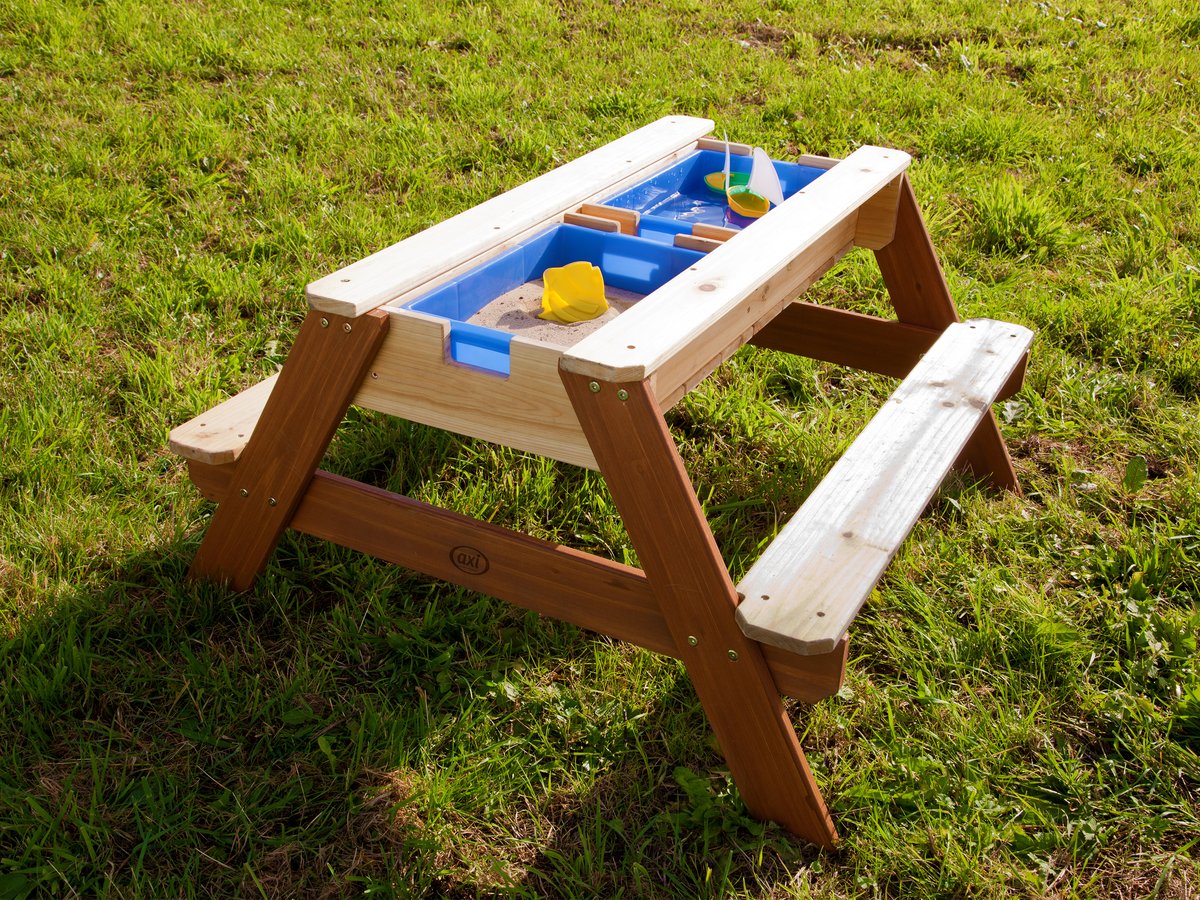 Sand-/Wasser-Spieltisch Nick braun mit Sonnenschirm grün/weiß