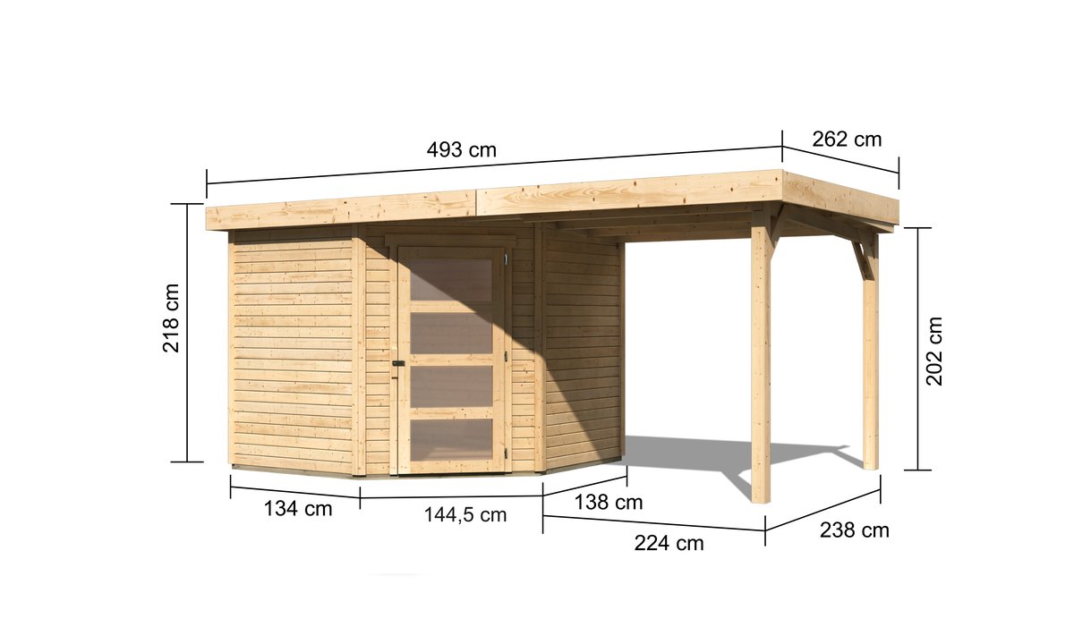 Gartenhaus Schwandorf 5, 242 x 246 cm inkl. Anbaudach 2,40 m, 19 mm Holz naturbelassen, Karibu