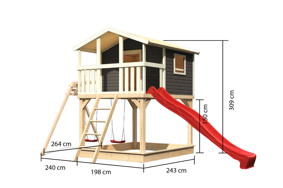 Stelzenhaus Benjamin terragrau mit Doppelschaukel und Rutsche rot