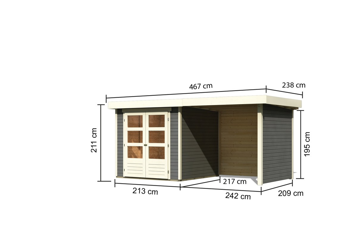Gartenhaus Askola 2  - 213x217 cm plus Anbaudach 2,40m mit Wänden, 19 mm terragrau, Karibu