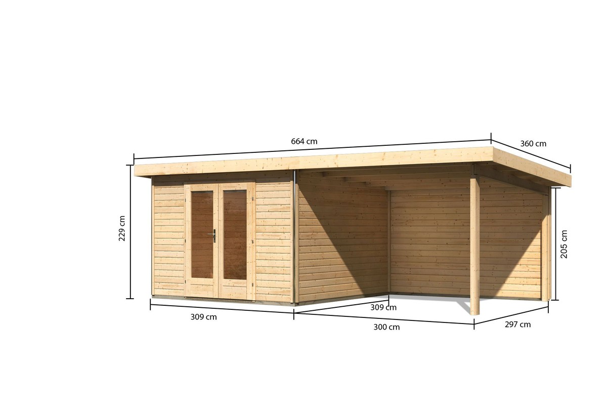Gartenhaus Radeburg 1 - 309x309 cm plus Anbaudach 3,30m mit Rückwand, 40 mm Holz naturbelassen, Karibu