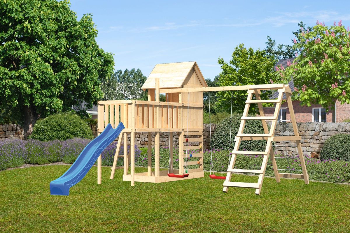 Stelzenhaus Frieda natur, Set mit Plattform, Kletterschaukel, Kletterwand und Rutsche blau