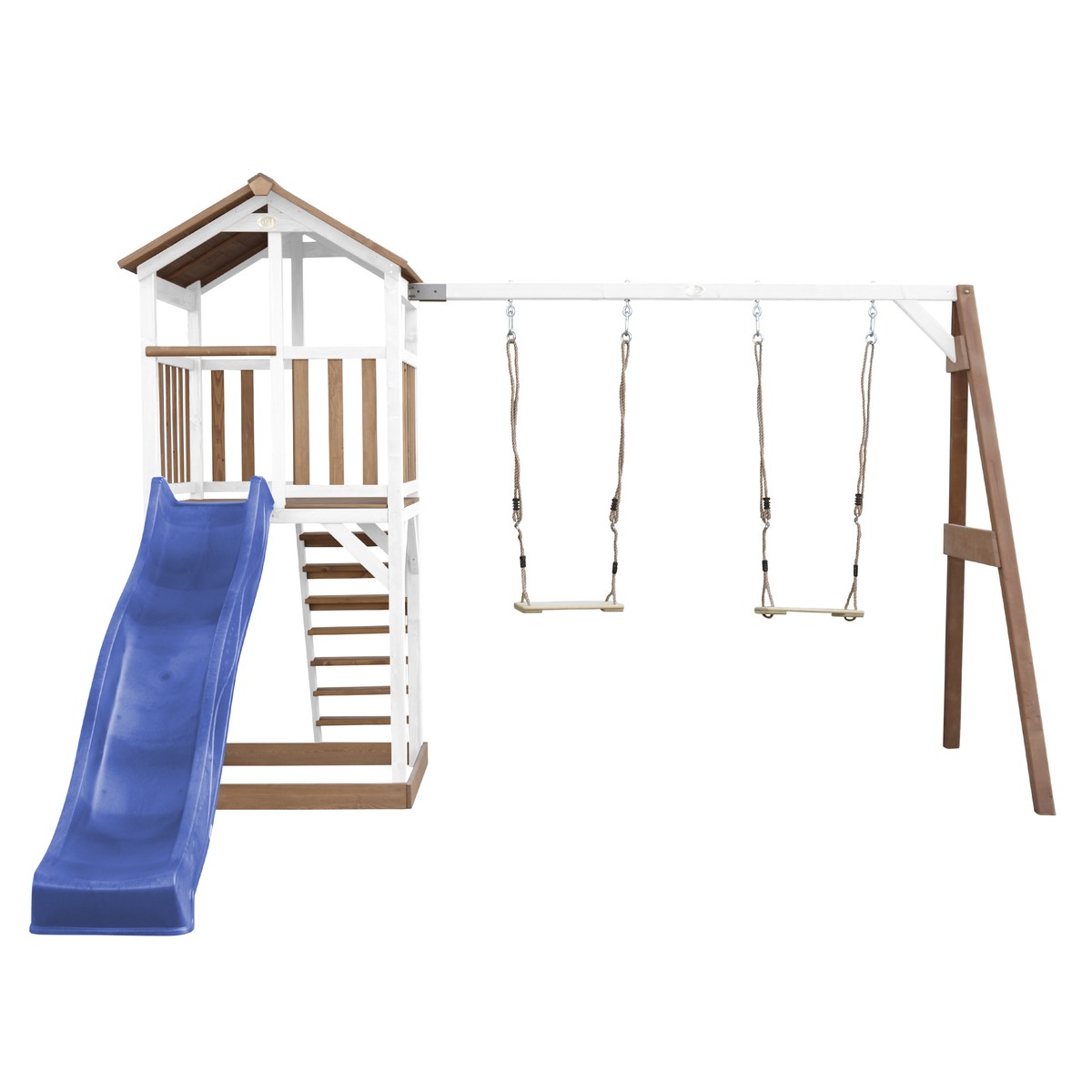 Spielturm Beach Tower Double Swing braun/weiß mit Rutsche blau