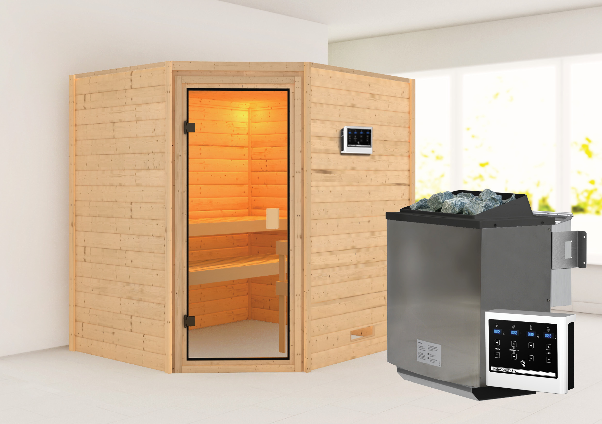Aktionssauna Kemi 2 mit Eckeinstieg - 196x170 cm|Set-Ofen 3