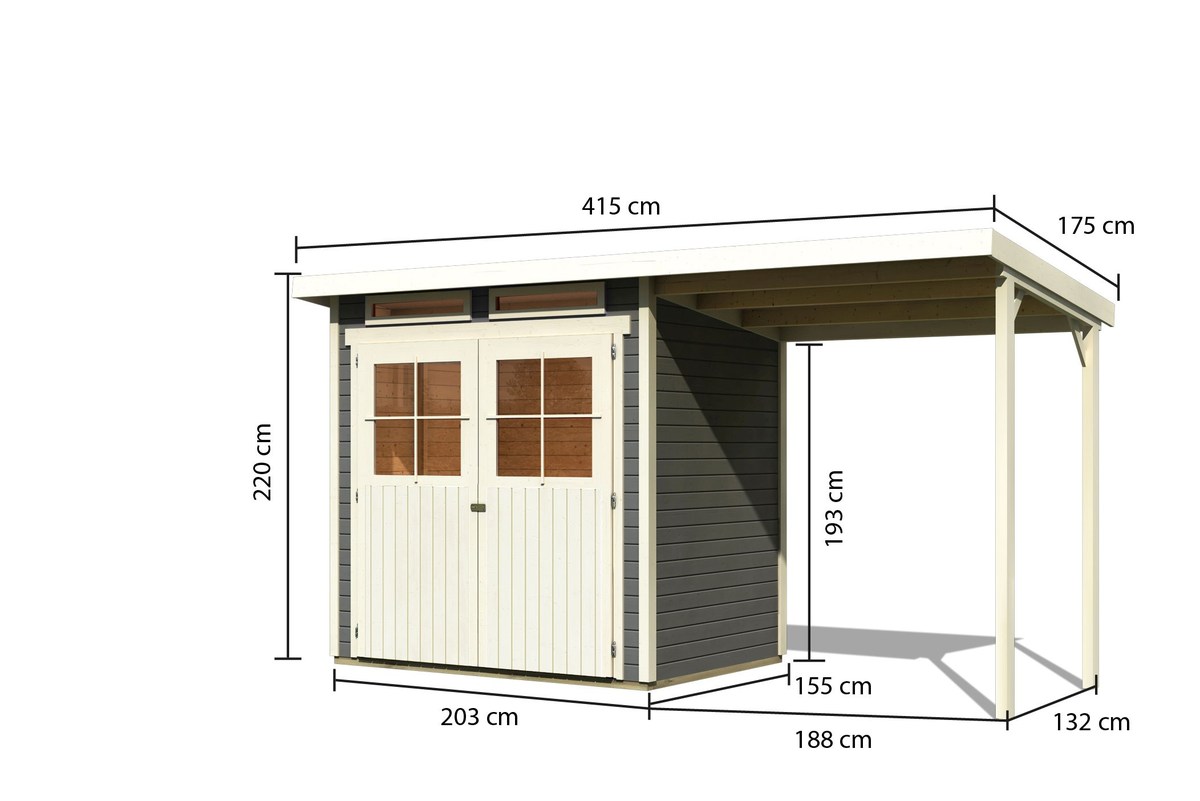 Gartenhaus Glücksburg 2 terragrau - 203x156 cm mit Anbaudach 190 cm, 19 mm Holz, Karibu