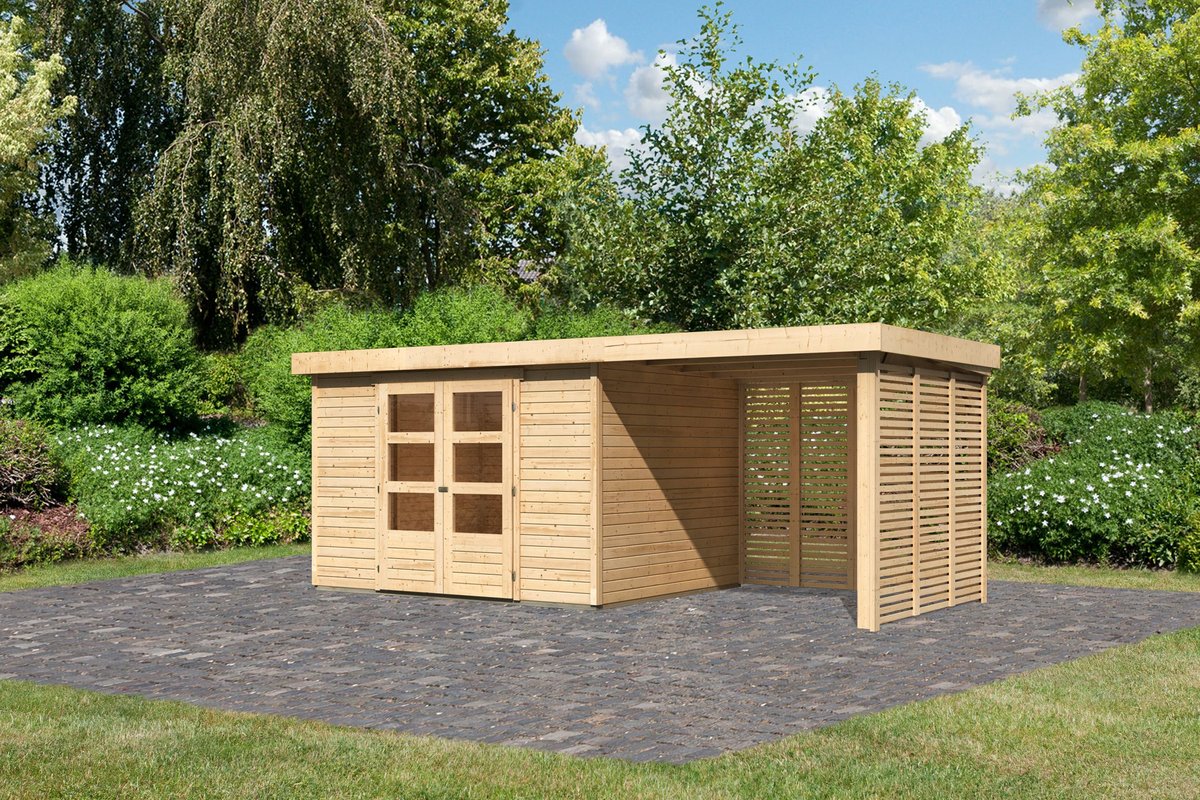 Gartenhaus Askola 5, 302 x 246 cm inkl Anbaudach 2,40 mit Lamellenwänden, 19 mm Holz naturbelassen