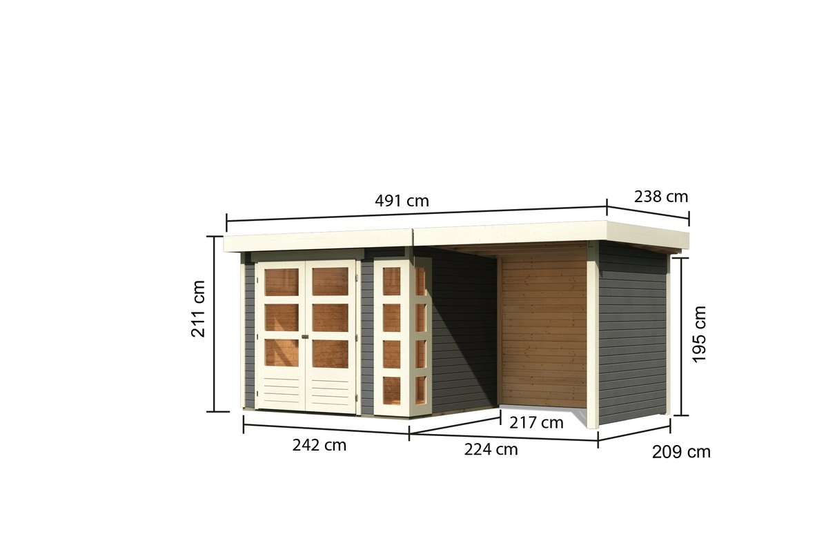 Gartenhaus Kerko 3 - 238 x 213 cm plus Anbaudach 2,40 m mit Wänden, 19 mm Holz terragrau