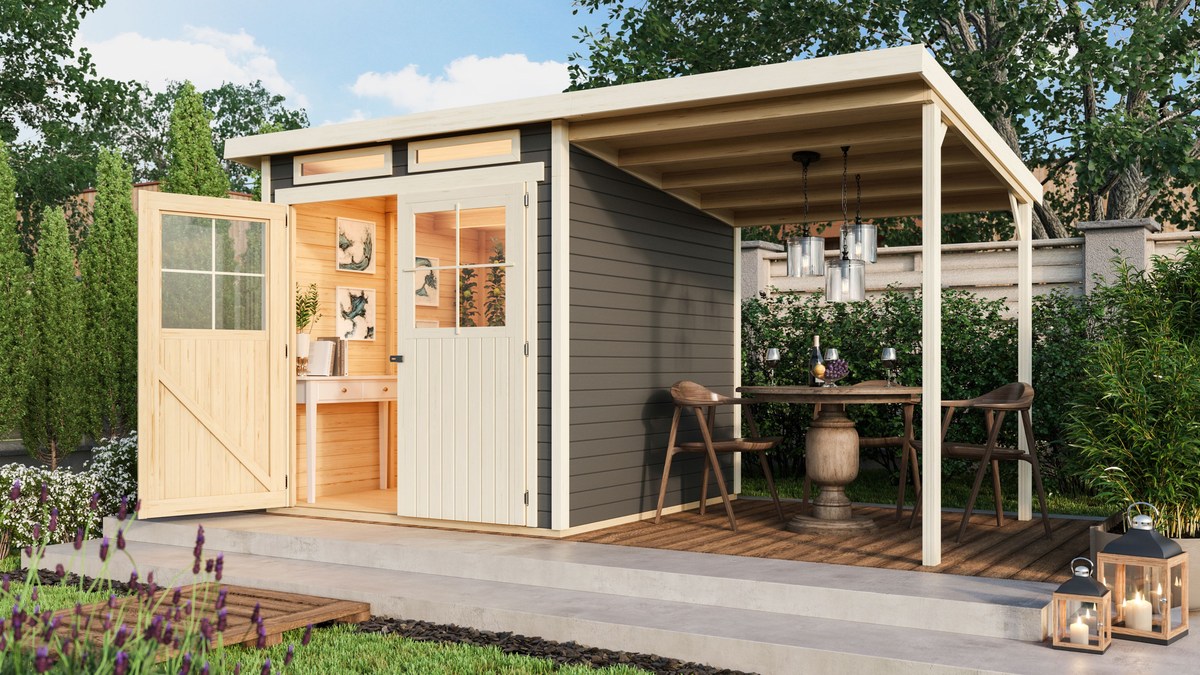 Gartenhaus Glücksburg 3 terragrau - 213x217 cm mit Anbaudach 190 cm, 19 mm Holz, Karibu