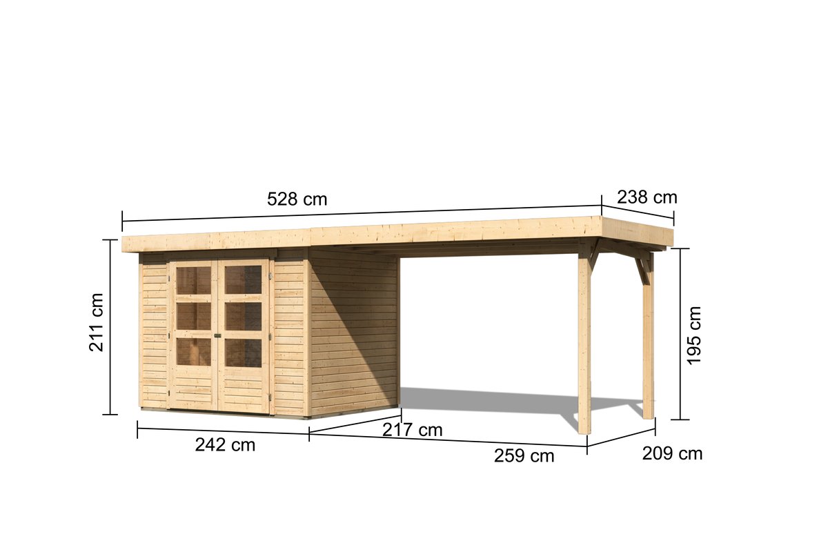 Gartenhaus Askola 3 - 242x217 cm, 19 mm Holz naturbelassen mit Anbaudach 2,80m, Karibu