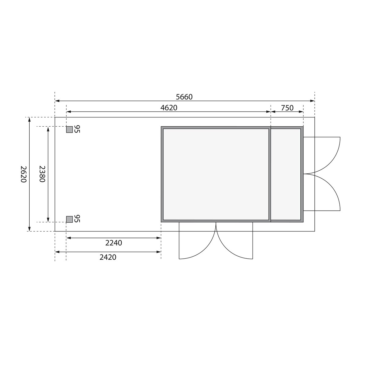 Gartenhaus Retola 4, 319x246 cm mit Anbauschrank und Anbaudach 2,40 m, 19 mm Holz naturbelassen,