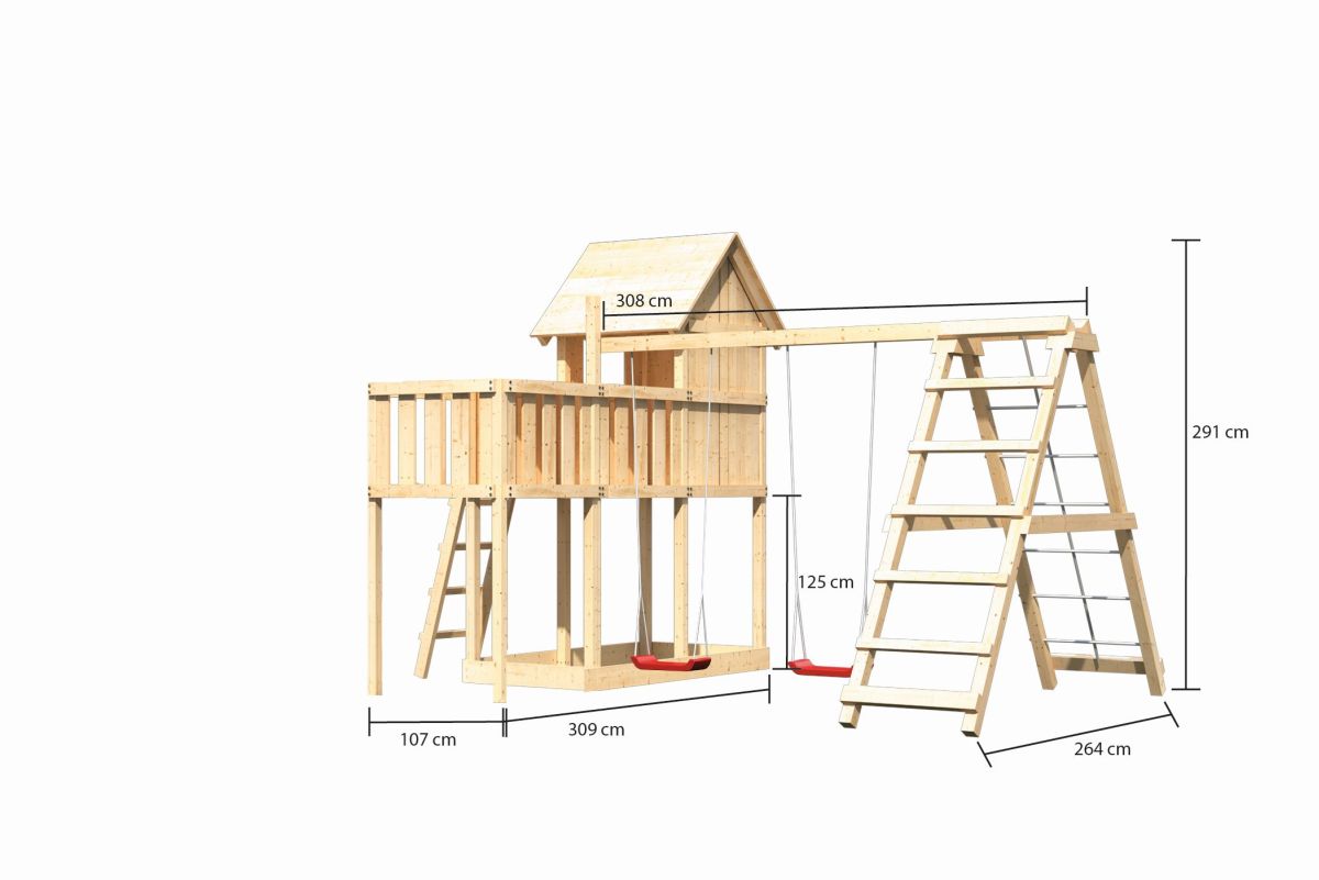 Stelzenhaus Frieda naturbelassen, Set mit Anbauplattform und Kletterschaukel, Karibu