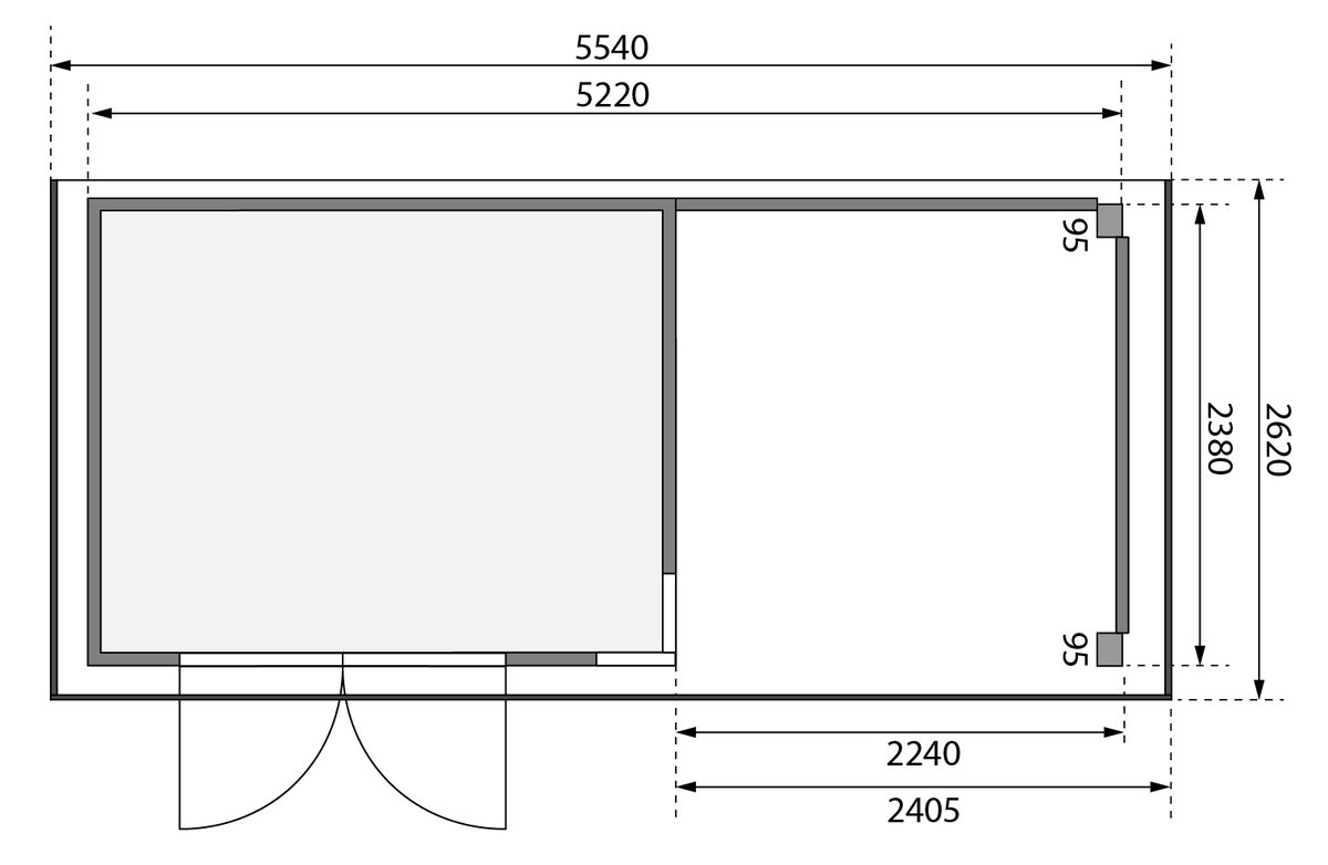 Gartenhaus Kerko 5 - 302x246 cm plus Anbaudach 2,40 m mit Wänden, 19 mm Holz naturbelassen, Karibu