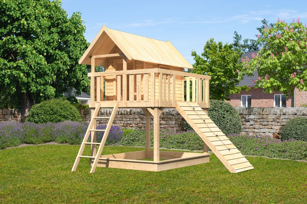 Stelzenhaus FIDEL naturbelassen, Set mit Holzrampe, Karibu