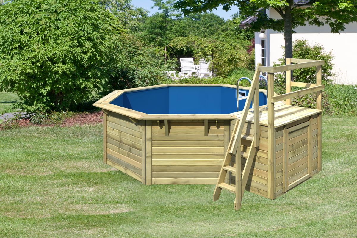 Achteck-Pool X1 400x400 cm Holz kdi mit Terrasse, Set mit Filter+Skimmer