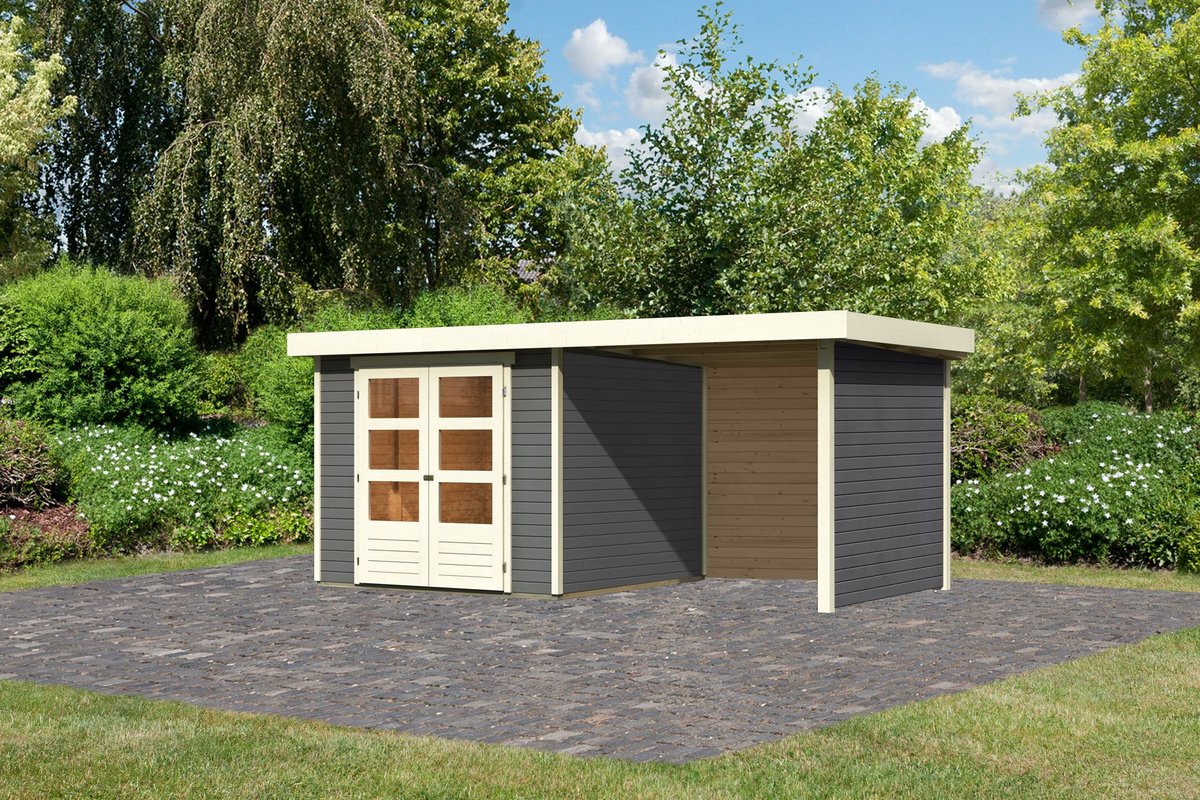 Gartenhaus Askola 3,5 - 242 x 246 cm inkl. Anbaudach 2,40 m mit Wänden, 19 mm Holz terragrau, Karibu