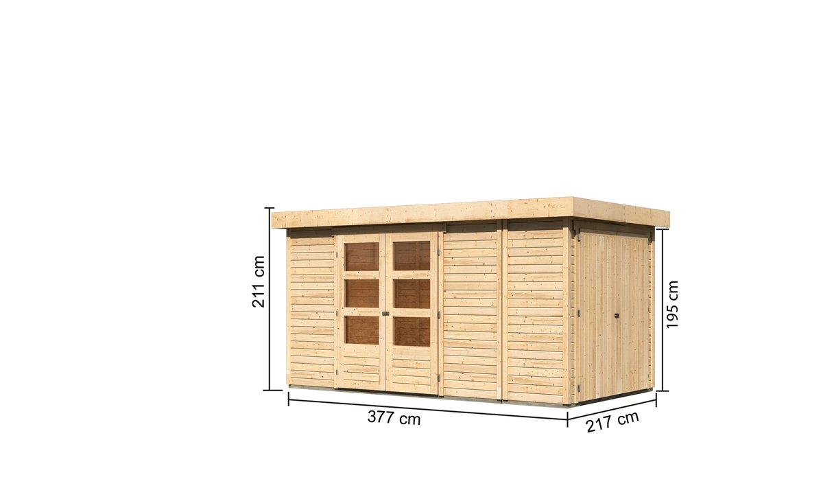 Gartenhaus Retola 5, 377x217 cm mit Anbauschrank, 19 mm Holz naturbelassen, Karibu