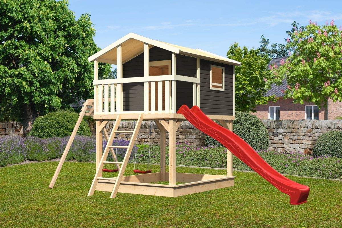 Stelzenhaus Benjamin terragrau mit Doppelschaukel und Rutsche rot