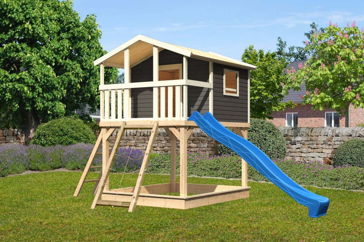 Stelzenhaus Benjamin terragrau mit Rutsche blau und Netzrampe