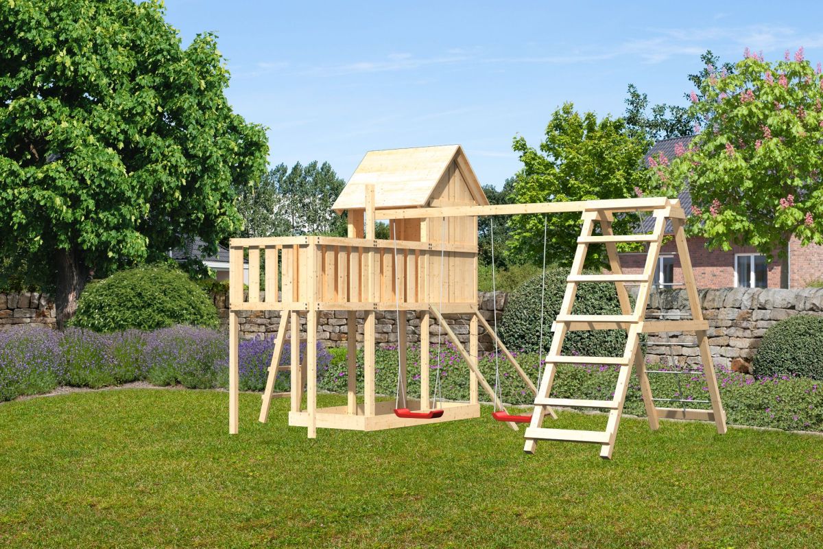Stelzenhaus Frieda naturbelassen, Set mit Plattform, Kletterschaukel und Netzrampe