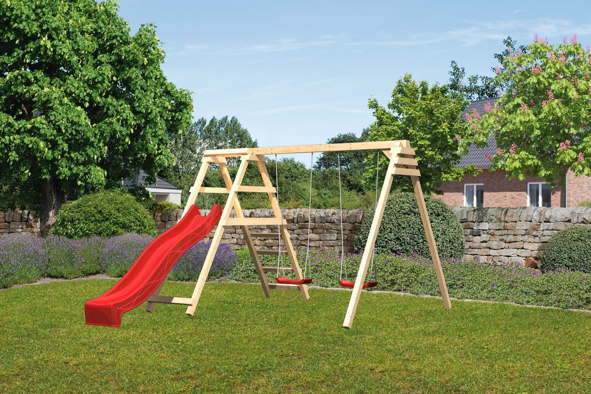 Doppelschaukel Felix mit Klettergerüst und Rutsche rot, Fichte naturbelassen, Karibu