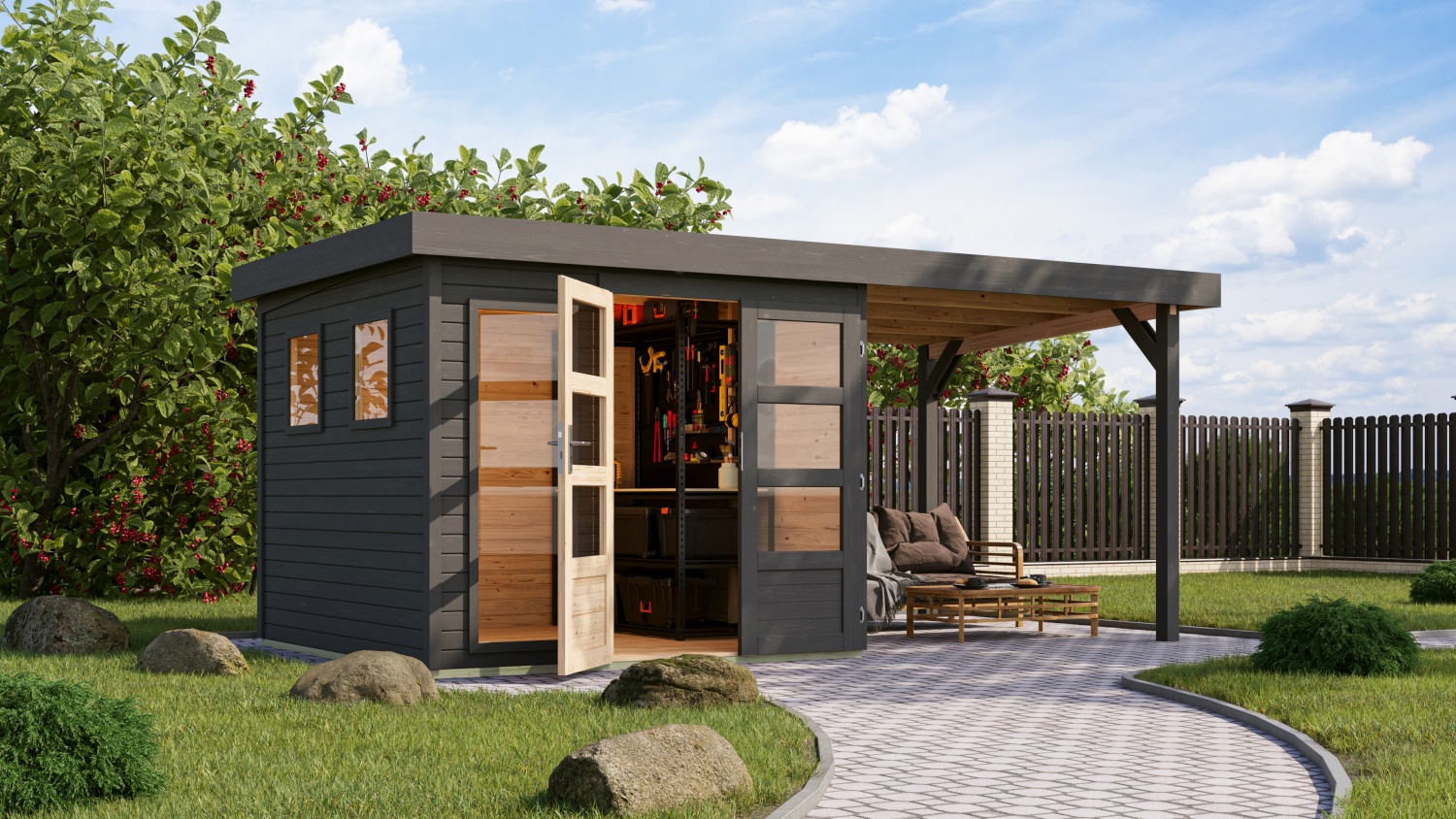 Gartenhaus Lahar 3,5, 242x246 cm plus 2,40 m Anbaudach, 19 mm Holz terragrau, Karibu