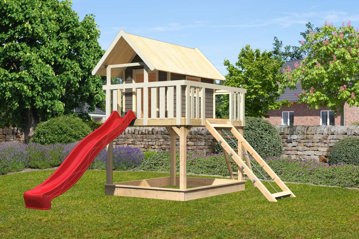 Stelzenhaus FIDEL terragrau, Set mit Netzrampe und Rutsche rot