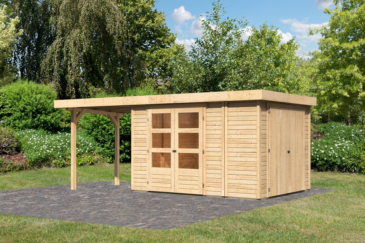 Gartenhaus Retola 4, 319x246 cm mit Anbauschrank und Anbaudach 2,40 m, 19 mm Holz naturbelassen,