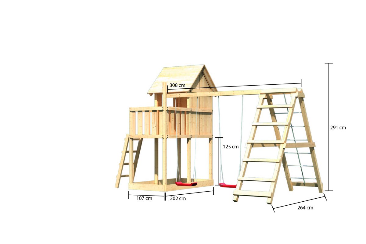 Stelzenhaus Frieda naturbelassen, Set mit Doppel-Kletterschaukel