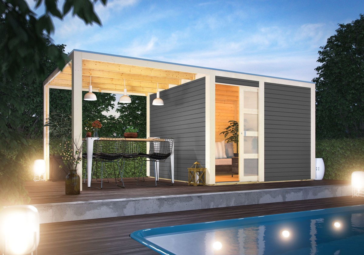 Gartenhaus Qubic 2 - 276x276 cm plus Anbaudach 2,40m, 19 mm Holz terragrau, Karibu