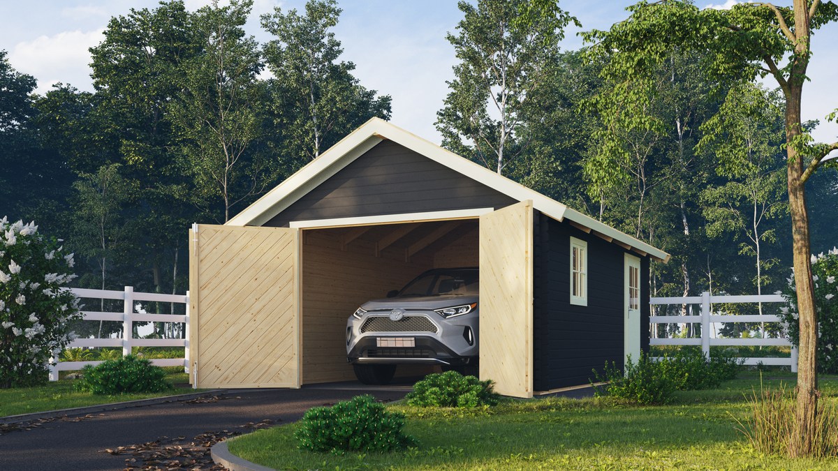 Holzgarage 38 mm Blockbohlen, Satteldach-Einzelgarage 387x537 cm, Karibu