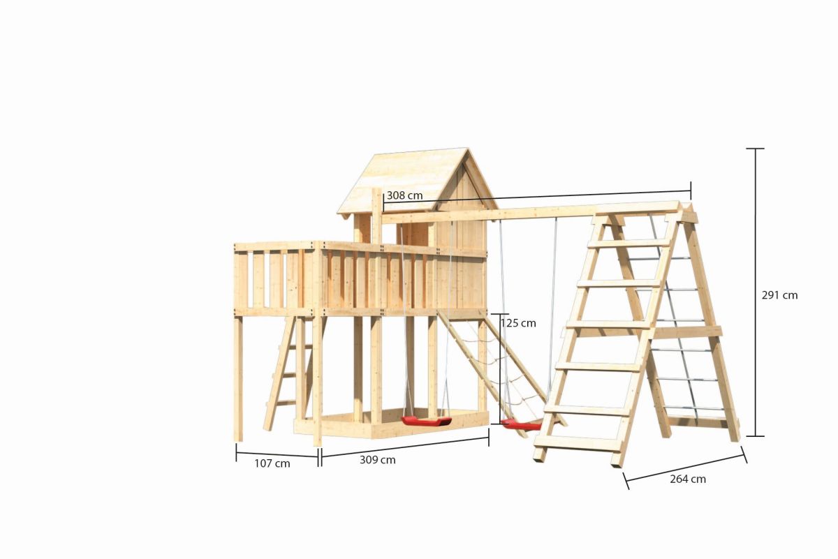 Stelzenhaus Frieda naturbelassen, Set mit Plattform, Kletterschaukel und Netzrampe