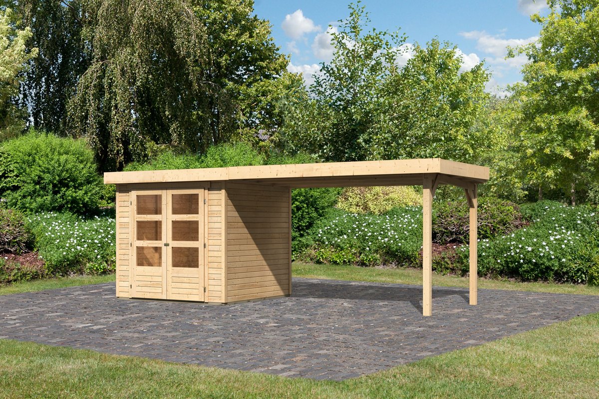 Gartenhaus Askola 2  - 213x217 cm mit Anbaudach 2,80m, 19 mm naturbelassen, Karibu