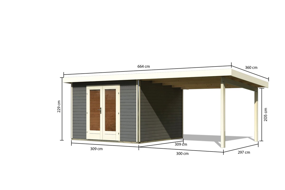Gartenhaus Radeburg 1 - 309x309 cm plus Anbaudach 3,30m, 40 mm Holz terragrau, Karibu