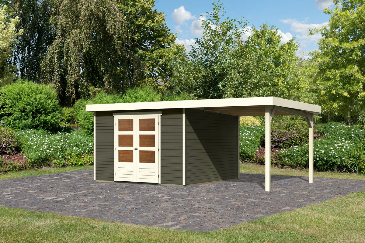 Gartenhaus Askola 6 -302x306 cm mit Anbaudach 2.40m, 19 mm Holz terragrau, Karibu