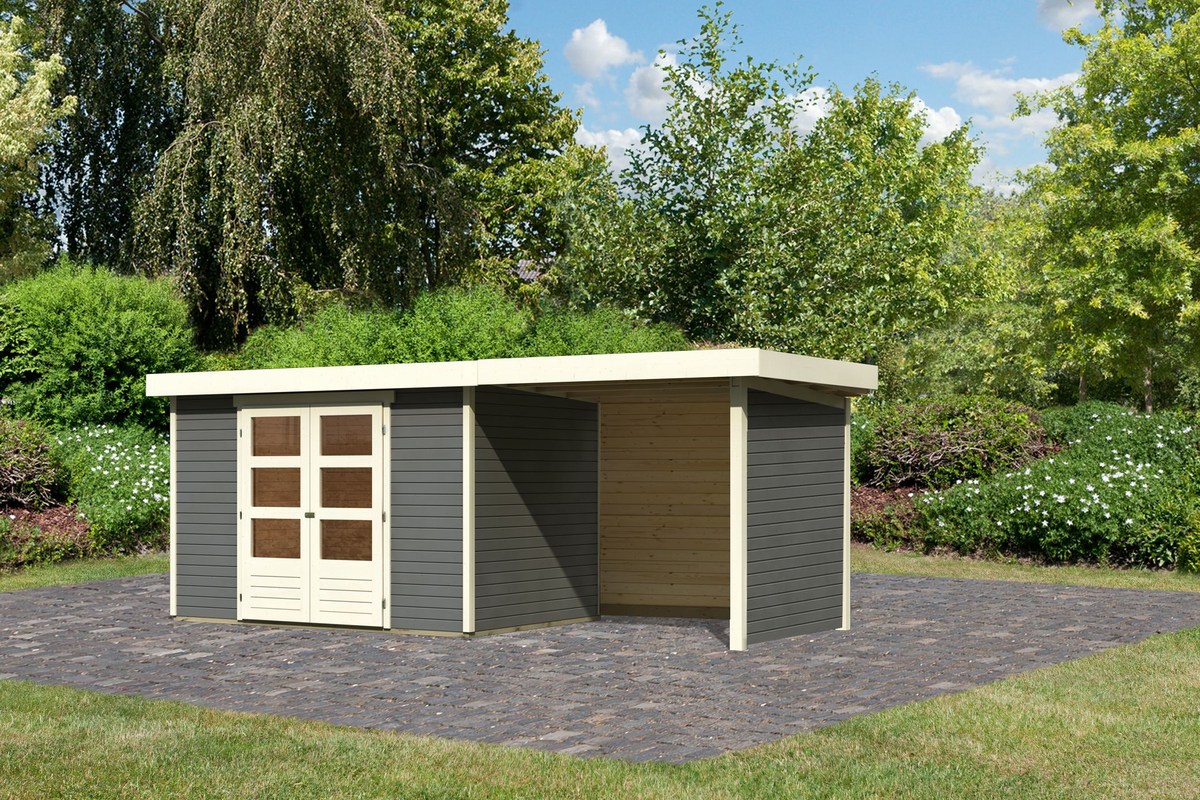 Gartenhaus Askola 4 - 302x217 cm plus Anbaudach 2,40m mit Wänden, 19 mm terragrau, Karibu