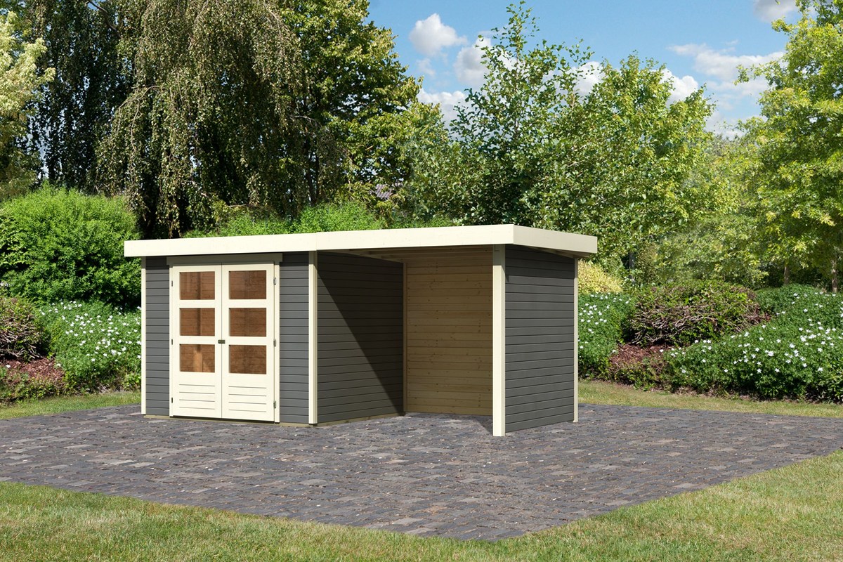 Gartenhaus Askola 3 - 242x217 cm, 19 mm terragrau plus Anbaudach 2,40m mit Wänden, Karibu