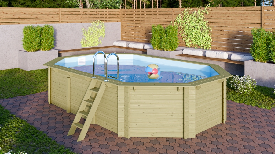 Karibu Pool Modell 4A Classic 400x611 cm, Holz kdi mit blauer Poolfolie